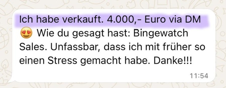 Nachricht einer Kundin: 4.000 Euro über eine Direktnachricht verkauft