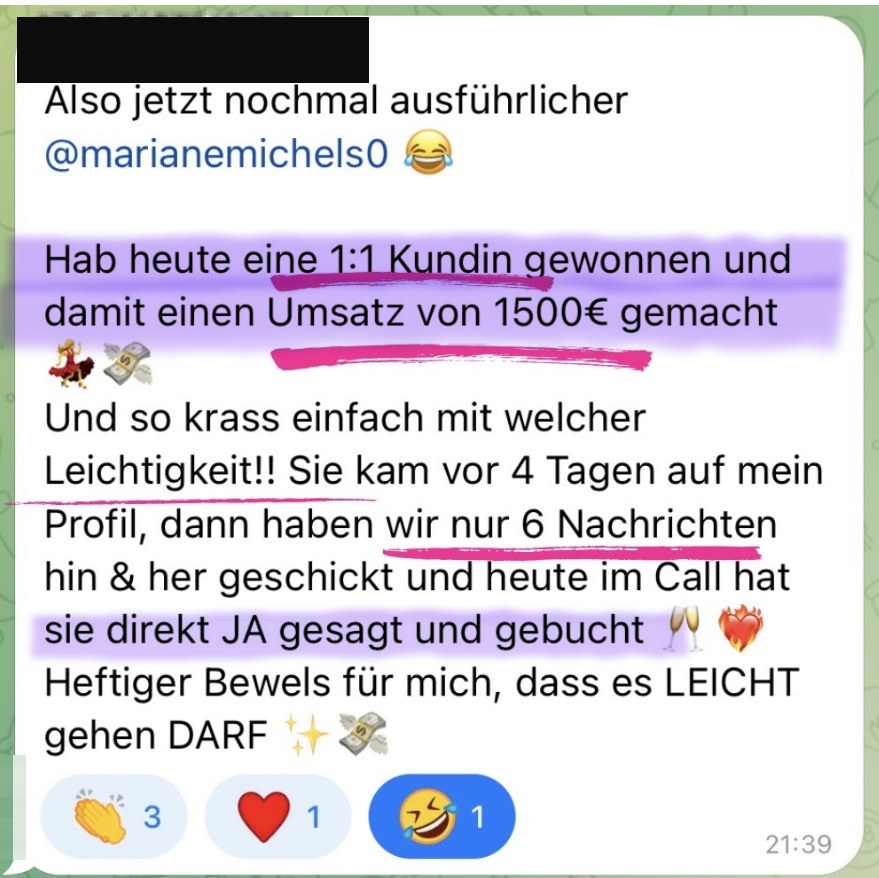 Nachricht einer Kundin: 1500 Euro Umsatz nach 6 Nachrichten