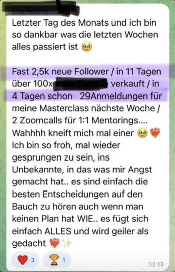 Nachricht einer Kundin: 2500 neue Follower, 29 Anmeldungen zur Masterclass
