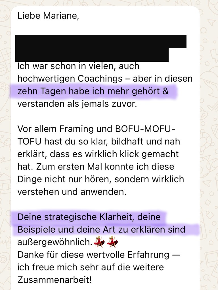 Nachricht einer Kundin: mehr verstanden als in allen vorherigen Coachings