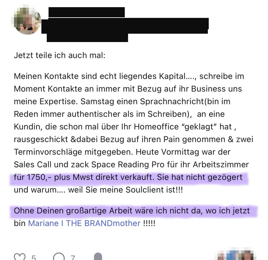 Nachricht einer Kundin: 1750 Euro direkt verkauft