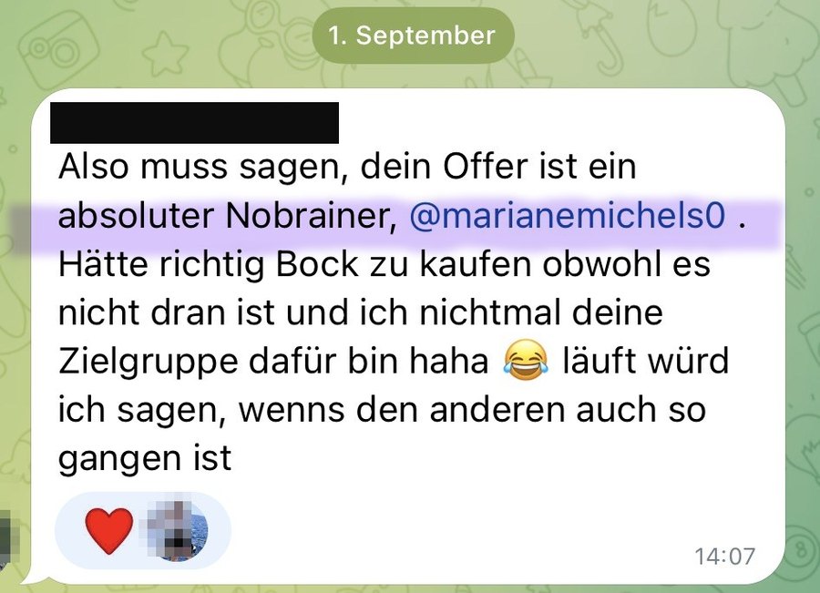 Nachricht einer Kundin: dein Angebot ist ein Nobrainer