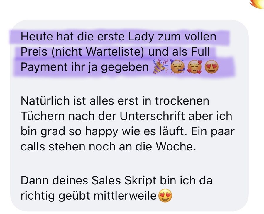 Nachricht einer Kundin: erste Buchung zum vollen Preis, Vollzahlung