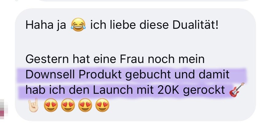 Nachricht einer Kundin: Launch mit 20K abgeschlossen