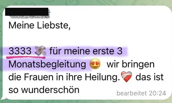 Nachricht einer Kundin: 3333 Euro für die erste Dreimonats-Begleitung
