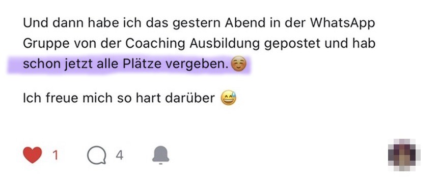 Nachricht einer Kundin: alle Plätze vergeben